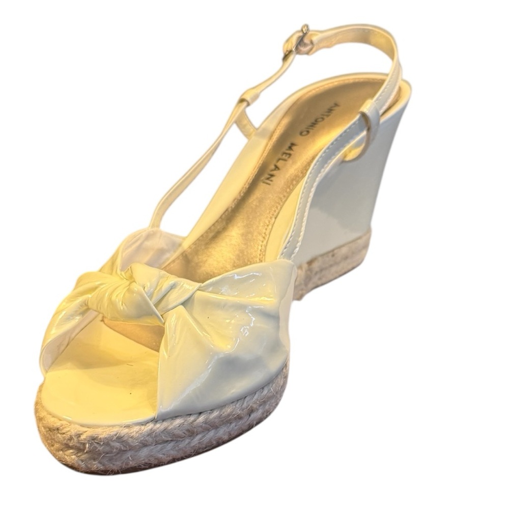 NIB ANTONIO MELANI White Patent Leather Woven Wedge Sandals Size 8.5